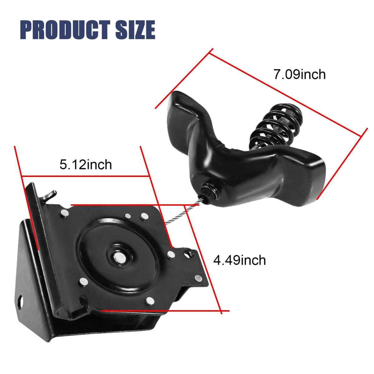 Black spare tire hoist with spring and base plate, with size dimensions shown