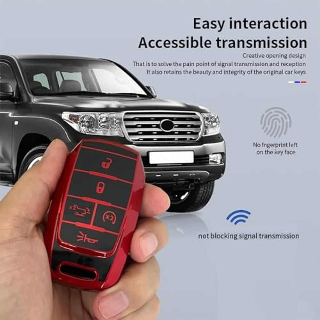 Red and black key fob shell cover held in hand with metal keyring loop and icons.