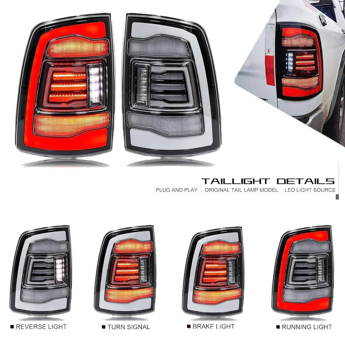 Pair LED tail lights with red outer lens and clear inner lens, black trim, detailed LED channels