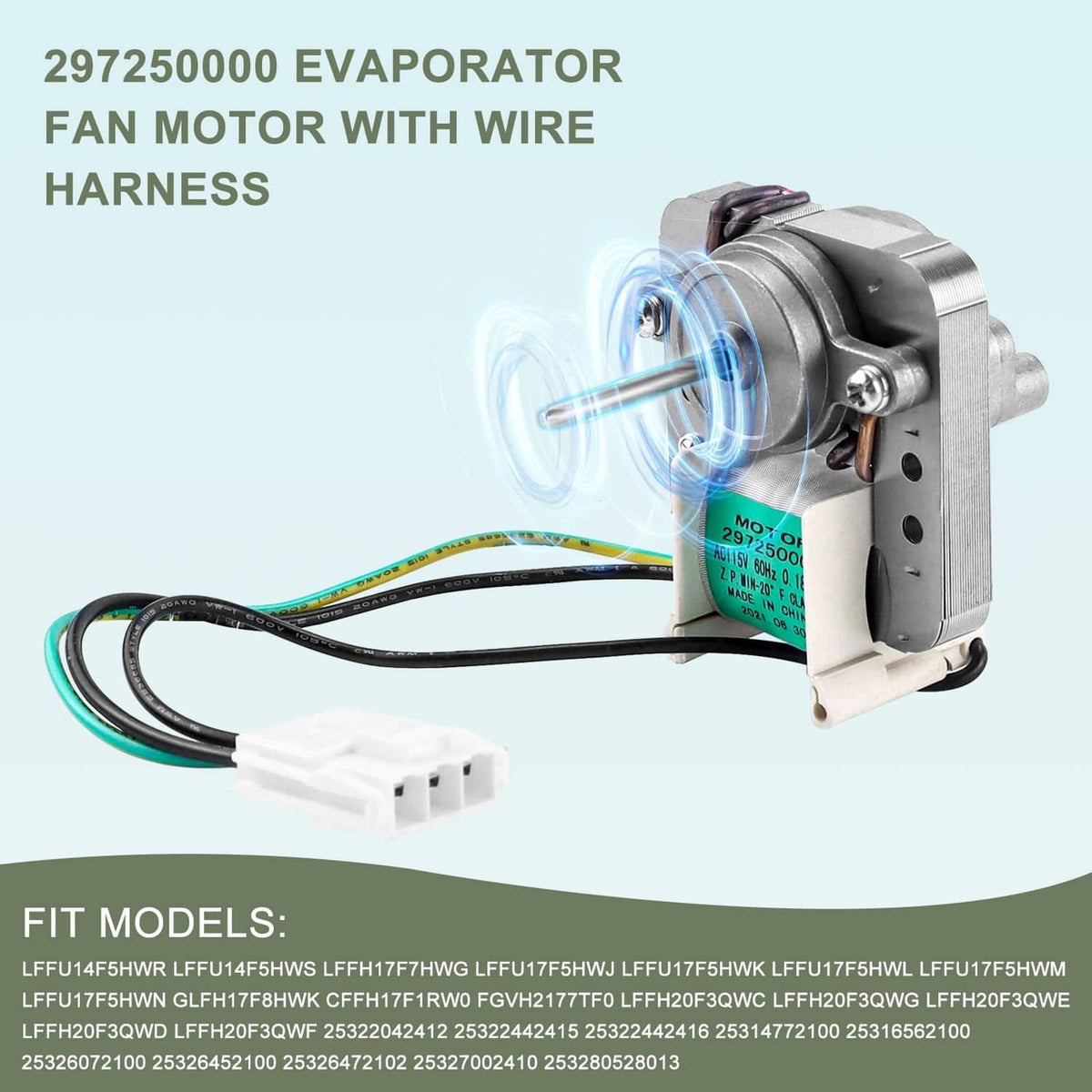 Refrigerator evaporator fan motor with wire harness and white connector, metal fan housing