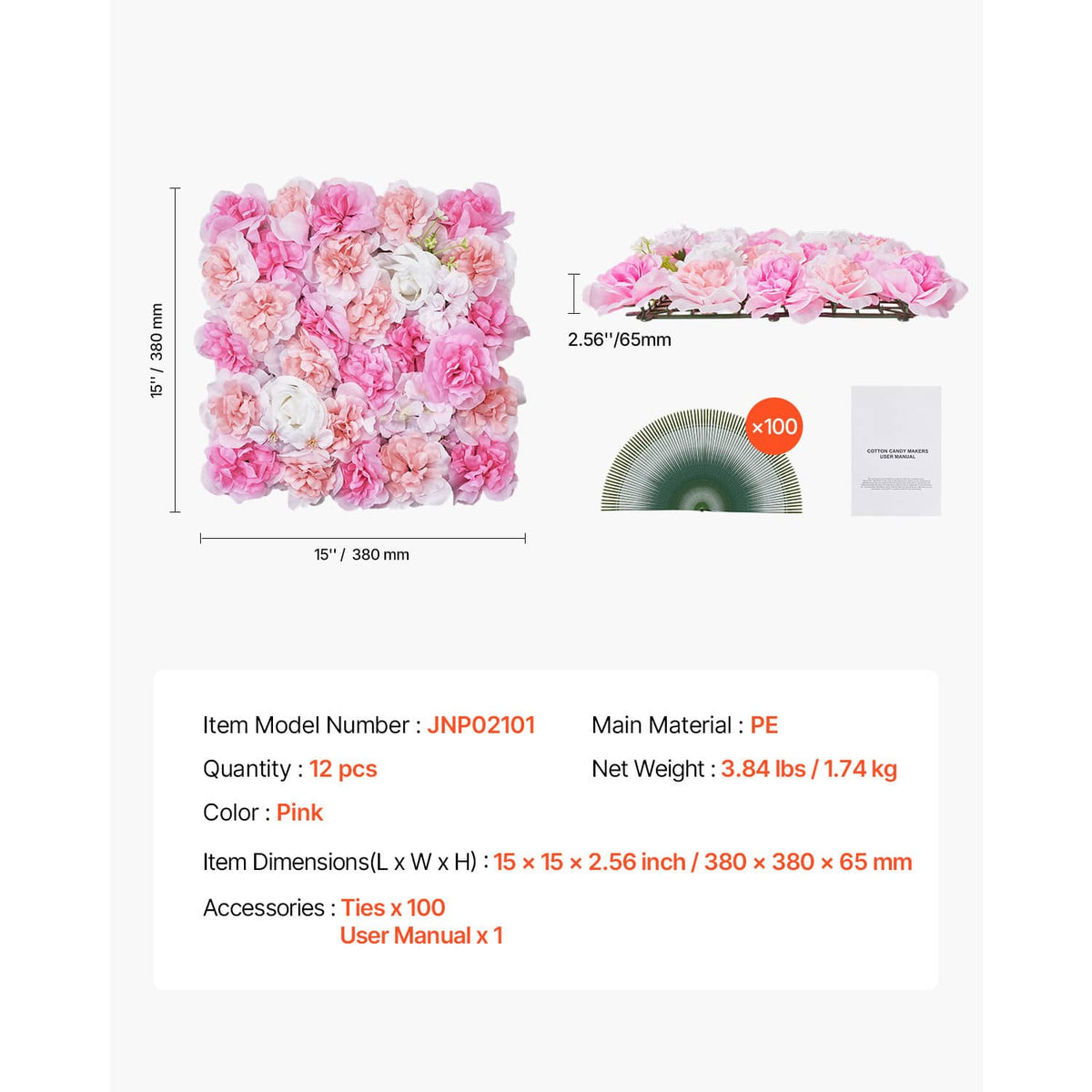 Artificial pink 3D flower wall panel with green mesh backing and dense petal blooms