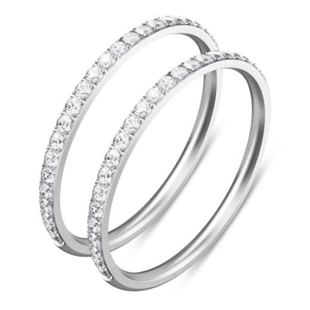 Two silver stacking rings with pavé stones