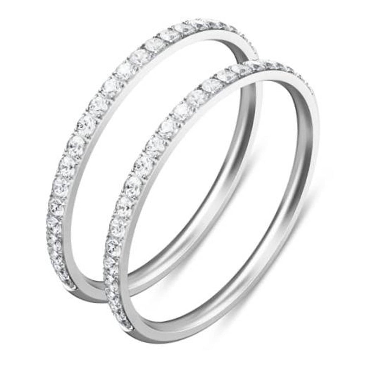 Two silver stacking rings with pavé stones