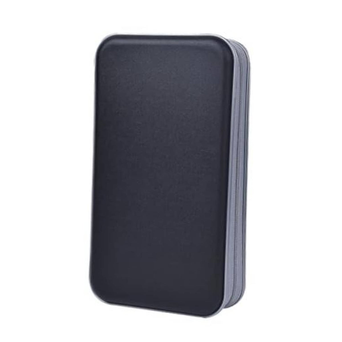Black hard CD case with smooth protective shell, compact rectangular design.