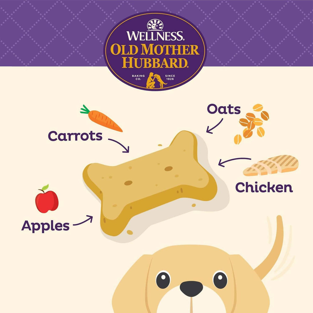 Puppy biscuit ingredient illustration with oats, carrots, apples, chicken and bone biscuits