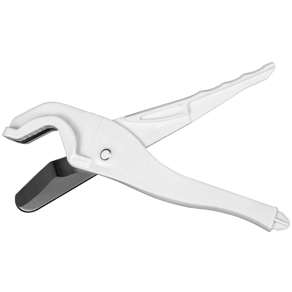 White PEX pipe cutter tool with lever handle and blade