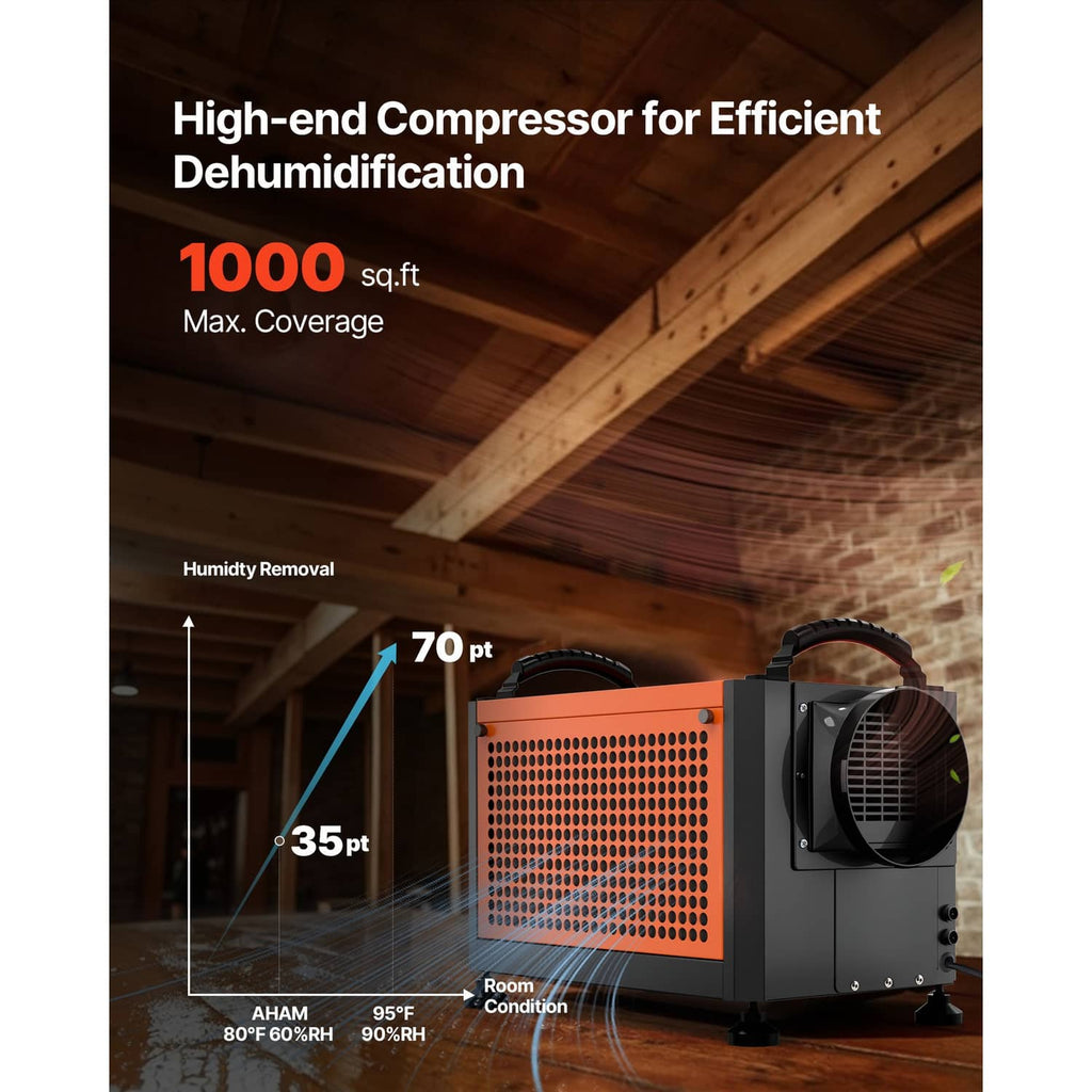 Commercial dehumidifier operating in a room, showing front vent and orange grille