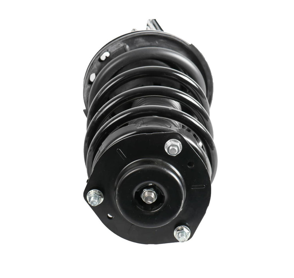 Black front shock strut assembly with coil spring and top mounting hardware
