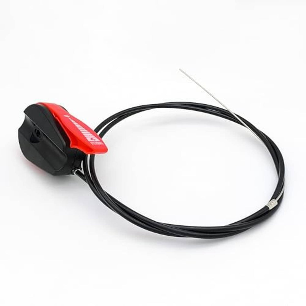 Universal throttle cable switch kit with black cable and red-and-black lever handle