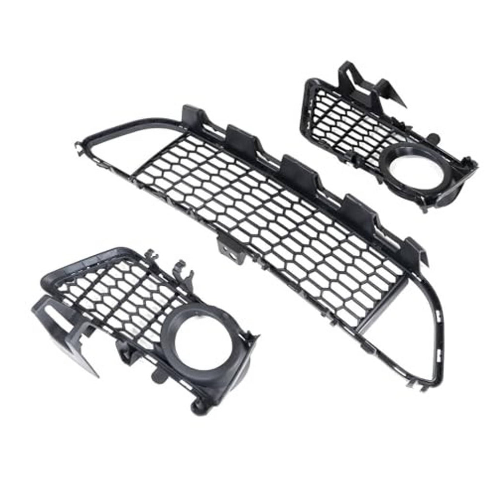 Pair of front bumper lower grilles with black honeycomb mesh and round fog-light openings