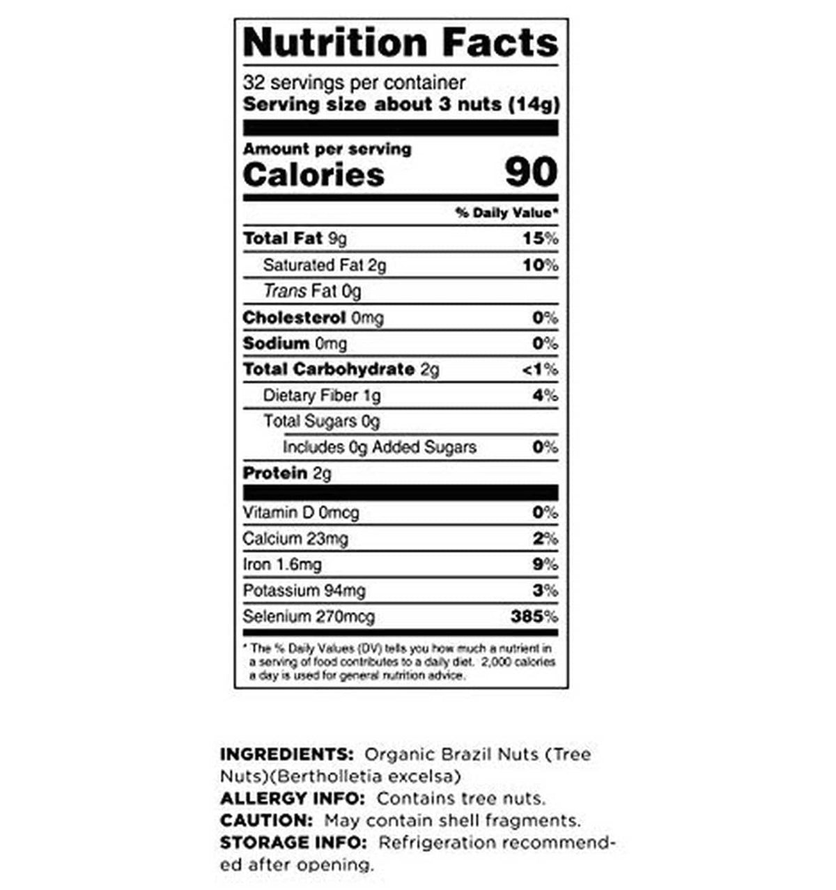 Nutrition Facts and ingredients label for raw Brazil nuts