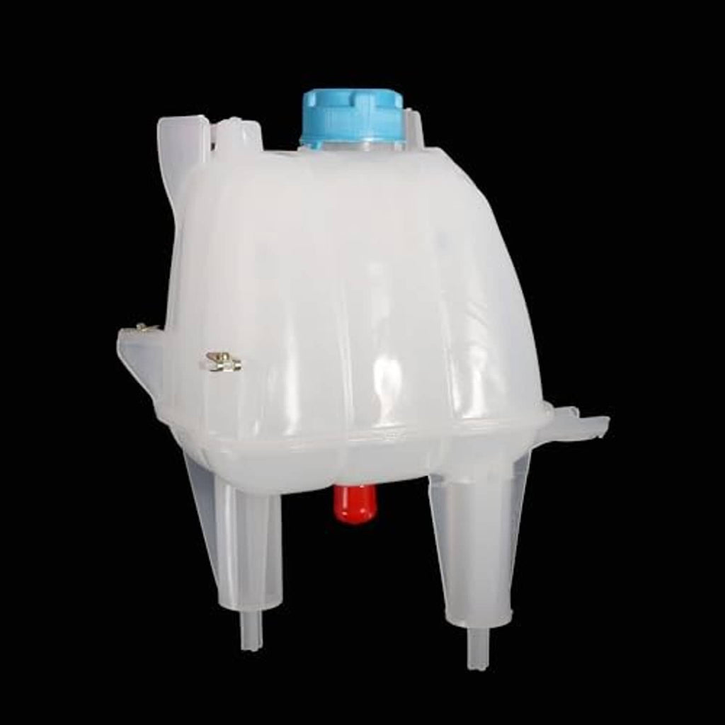 Engine coolant reservoir with white body, blue top cap, and red internal outlet