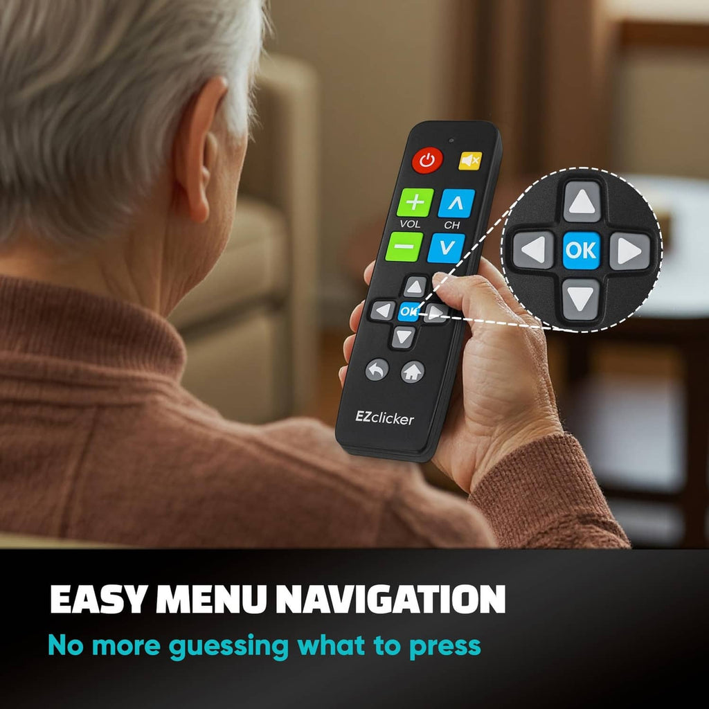 Universal TV remote with large OK and arrow buttons, held up for TV navigation