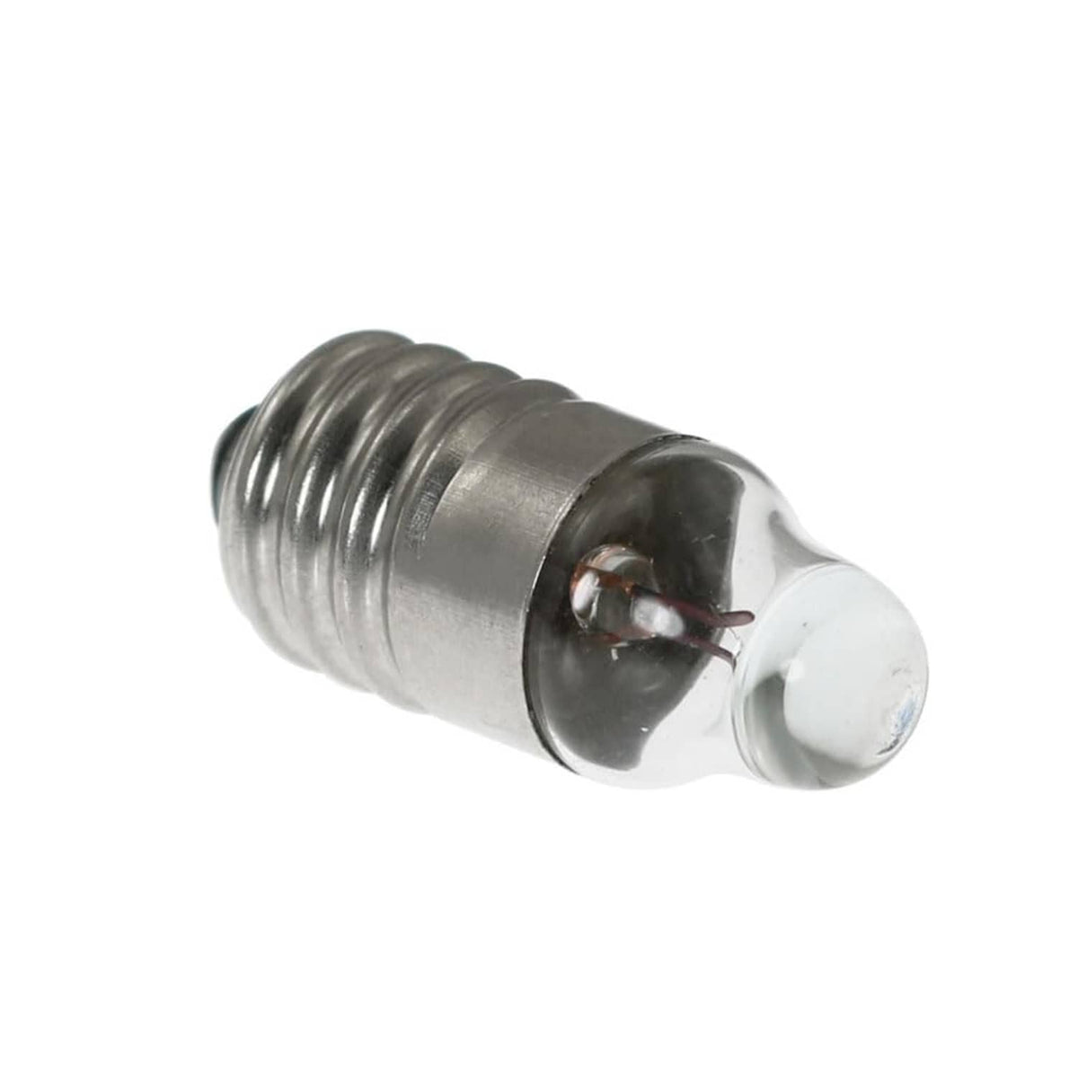 Mini E10 screw-base bulb side view, transparent glass with small internal filament