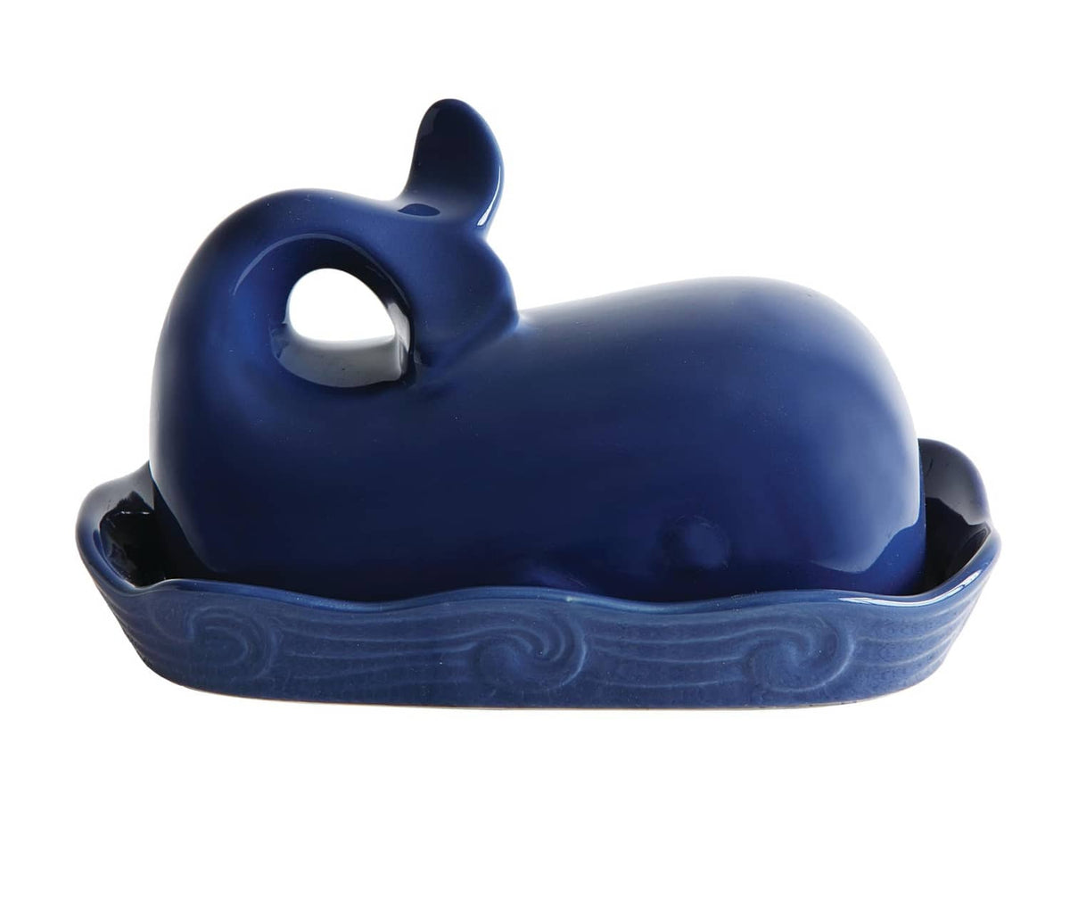 Dark blue whale-shaped lid for butter dish with circular cutout opening