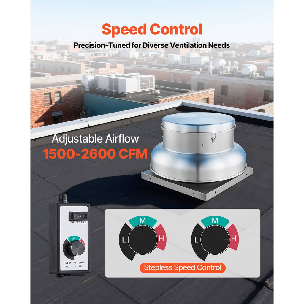 Roof exhaust fan with adjustable airflow and included speed controller