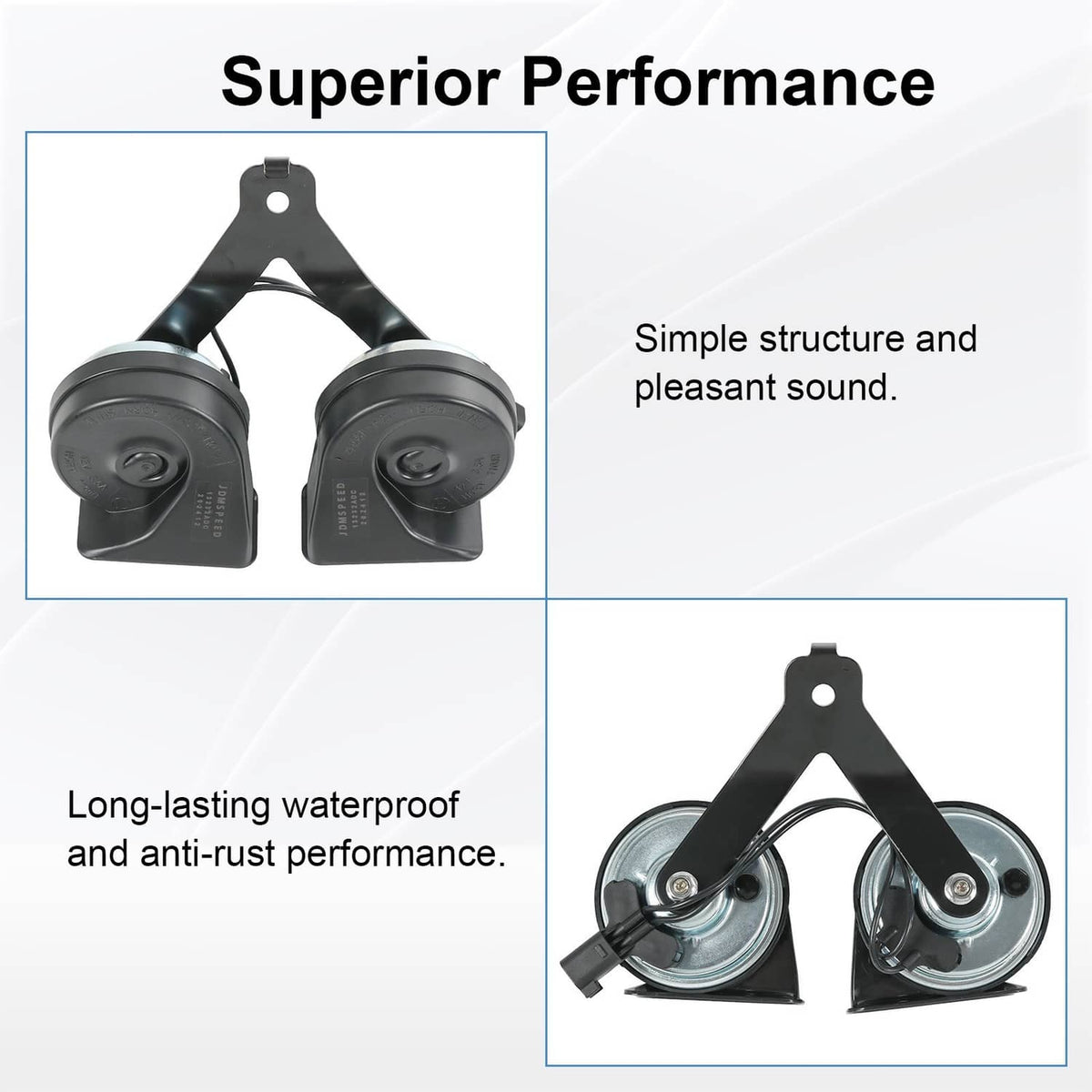 Dual horn assembly with two black horn speakers and center support bracket