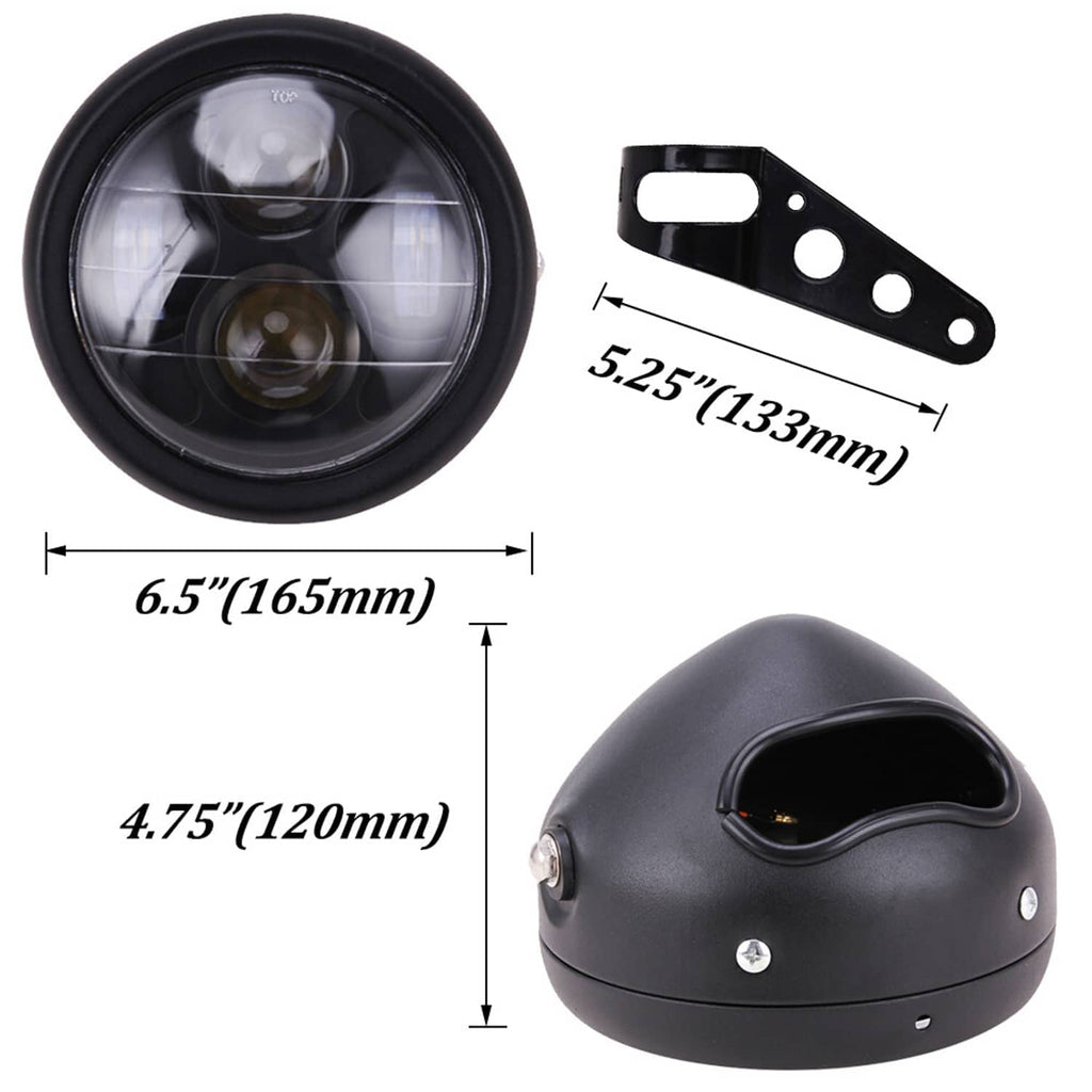 6.5-inch motorcycle headlight and metal bracket with mounting hole pattern