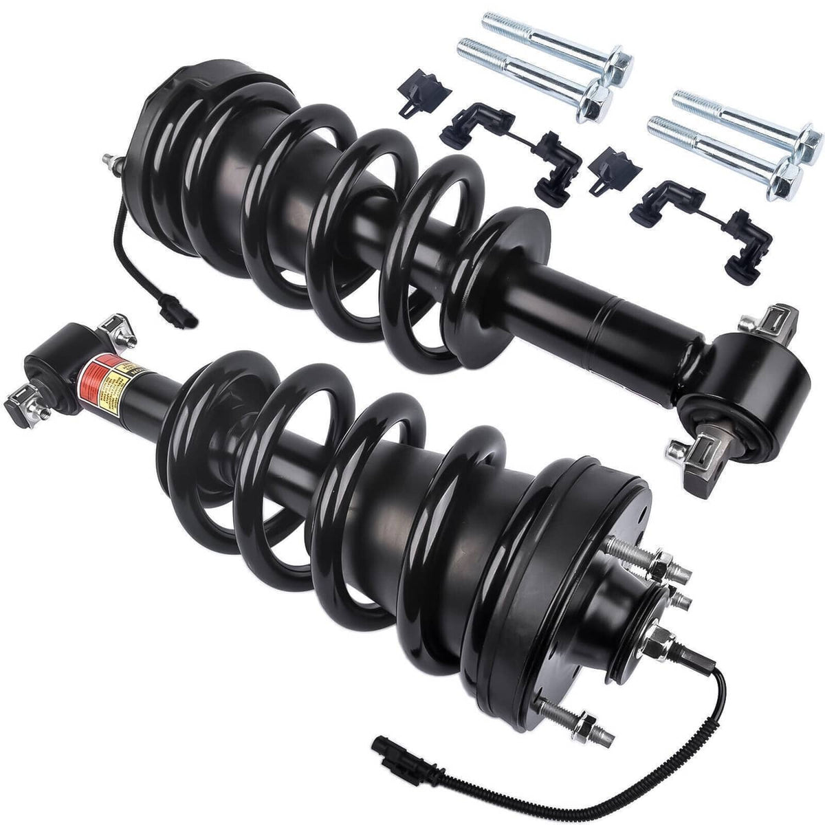 Set of two black front shock strut assemblies with coil springs and mounting hardware