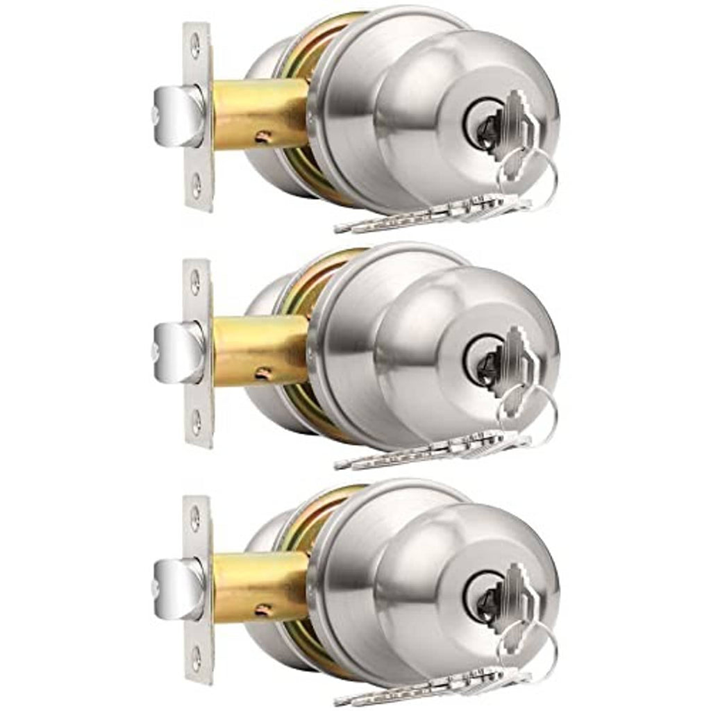 Brushed nickel keyed entry ball door knob lock set, three-pack, with keys