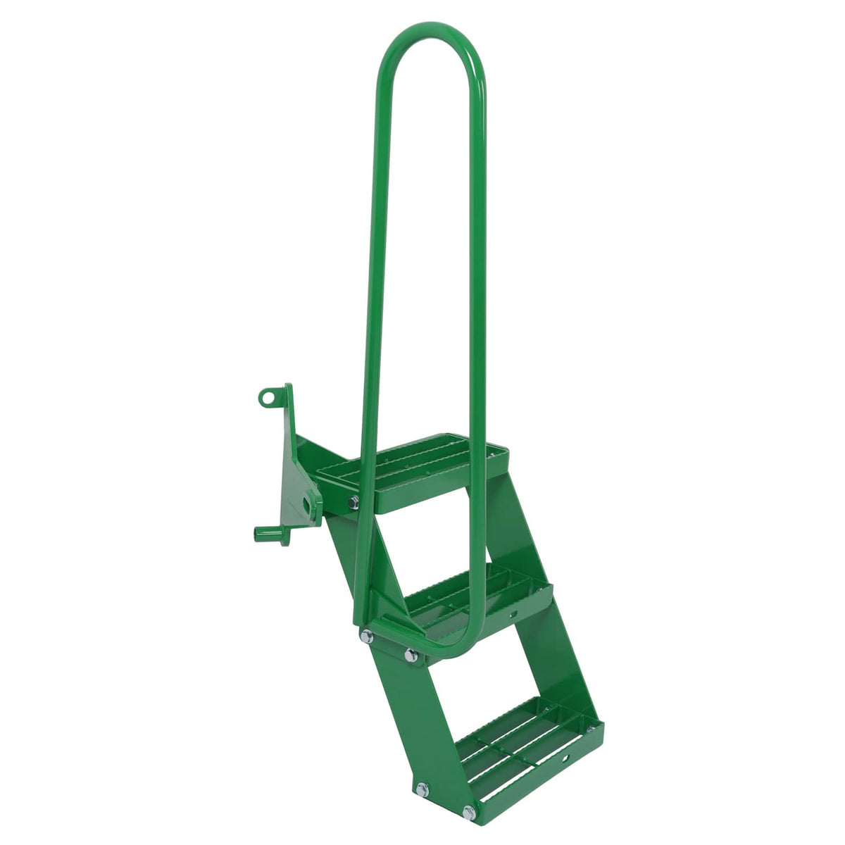 Green tractor step extension kit side view with U-shaped handle and grated step
