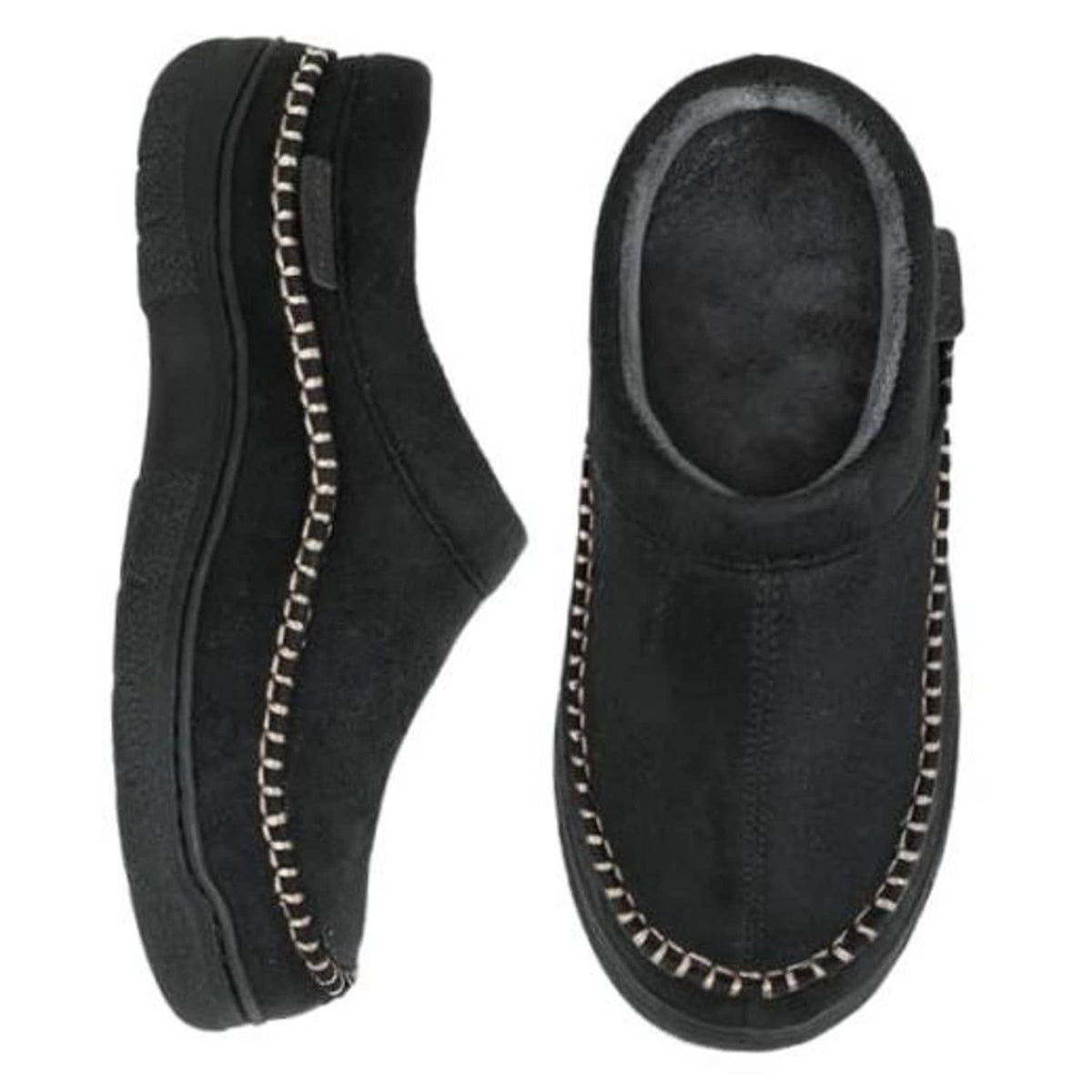 Men's black slip-on moccasin slippers, faux-shearling lined, stitched trim