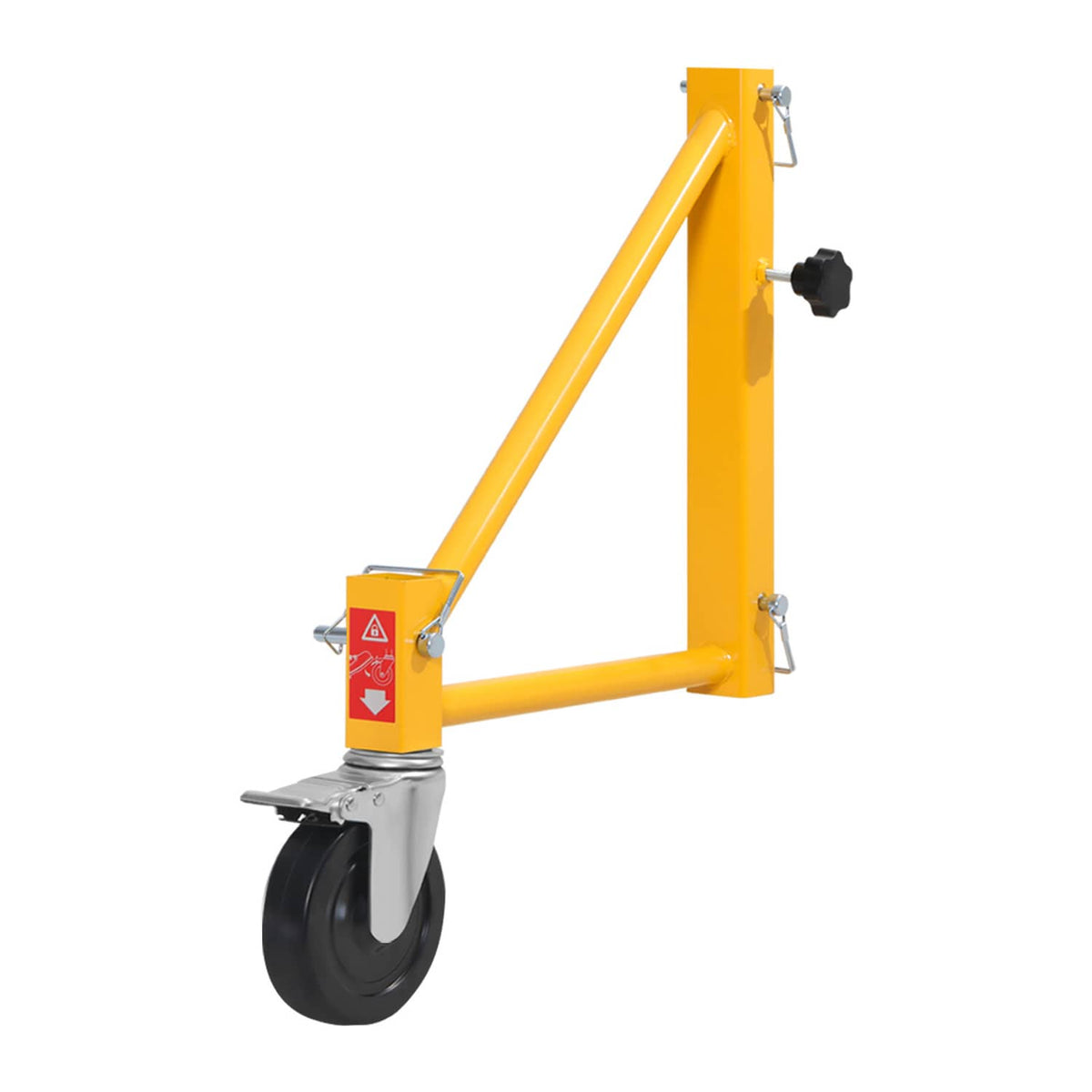 Yellow scaffolding outrigger frame with caster wheel and red warning label