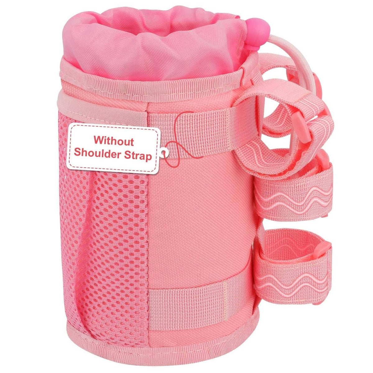 Pink bike bottle cup holder with mesh sleeve and adjustable handlebar straps