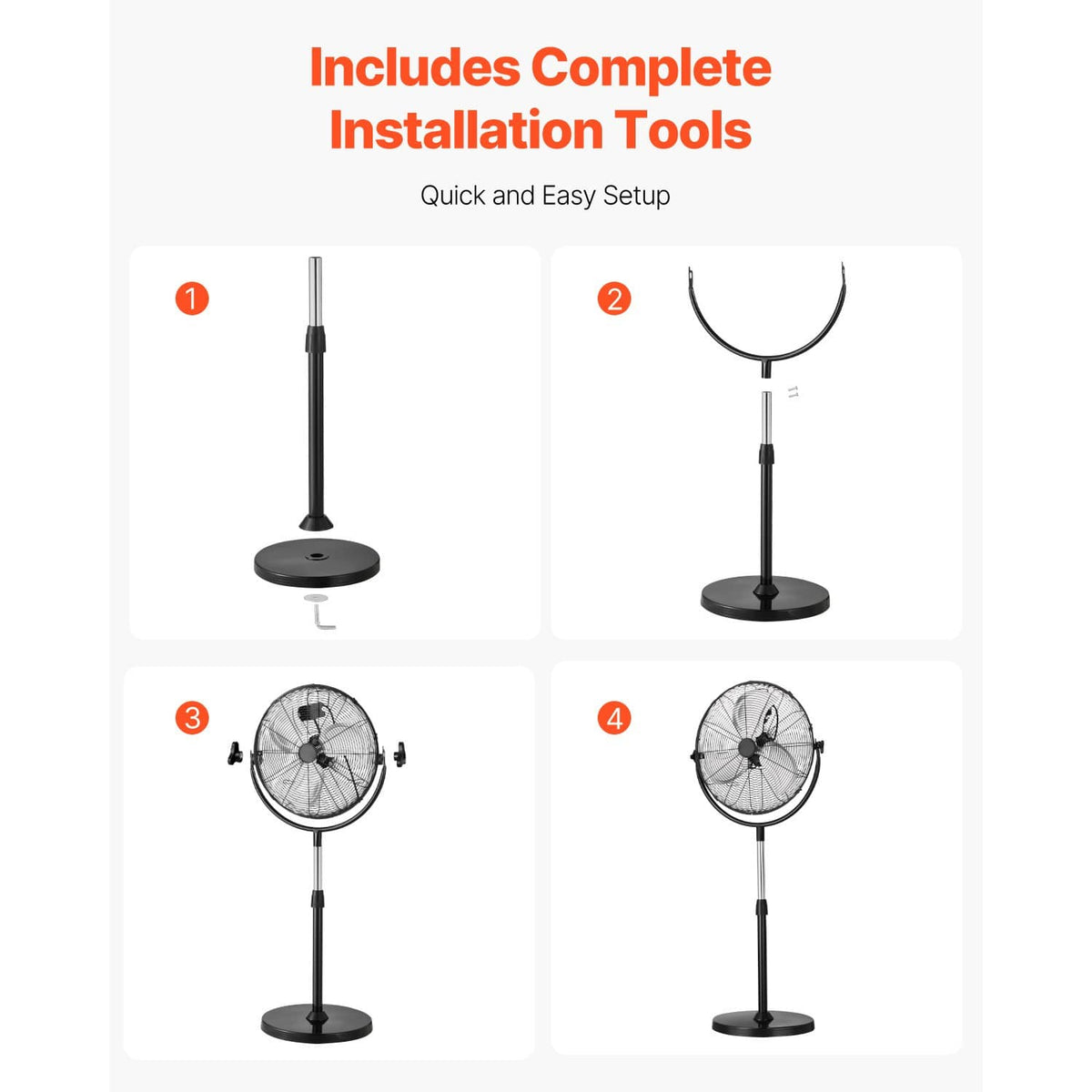Pedestal floor fan showing included tools and step-by-step assembly layout