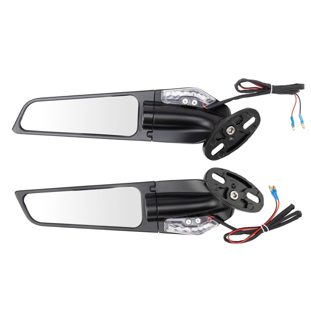 Two black LED rearview mirrors with clear lenses, white mirror glass, and wiring leads
