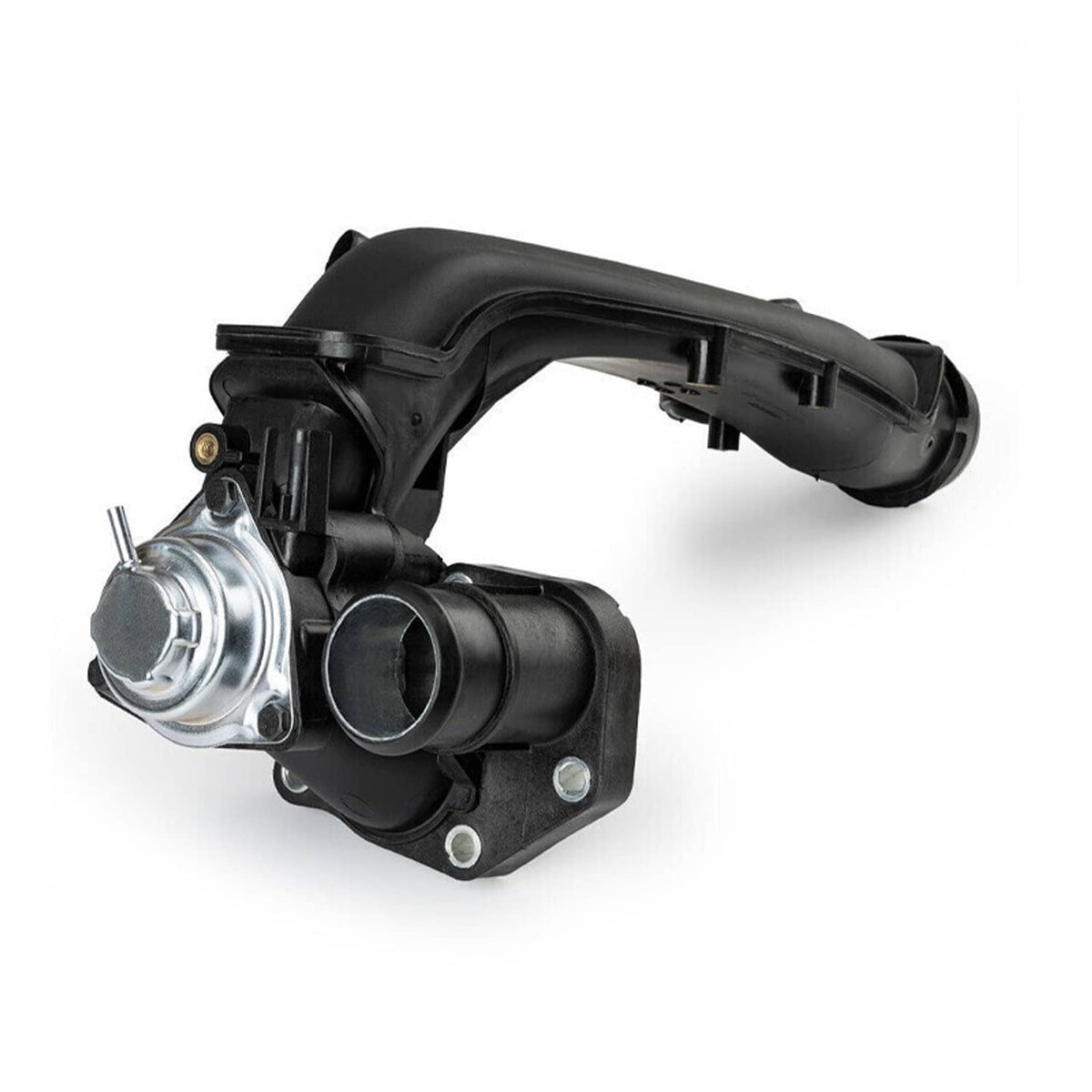 Black charge air pipe joint with silver actuator housing and round inlet opening