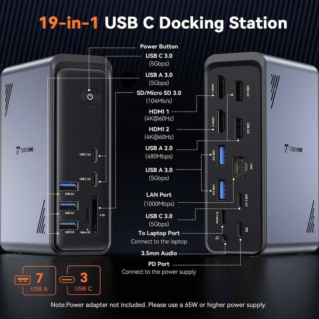 USB-C docking station showing side ports, power button, LAN and expansion connectors
