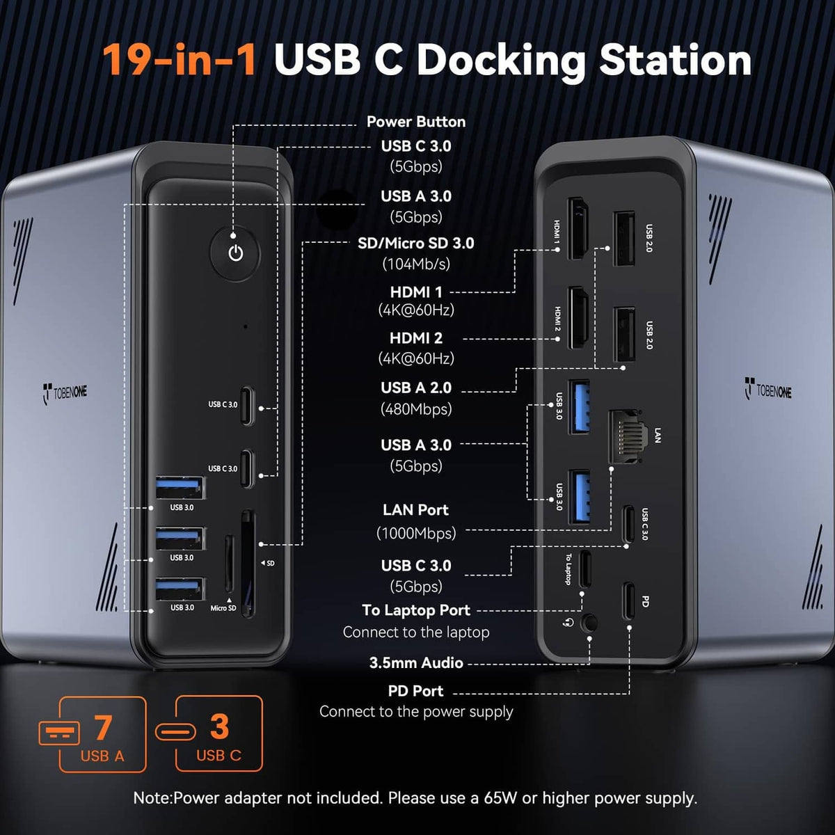 USB-C docking station showing side ports, power button, LAN and expansion connectors