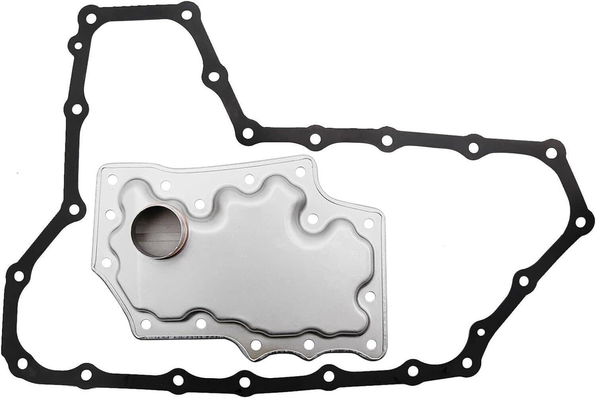 Transmission oil filter pan and rubber gasket with bolt holes and seal edges