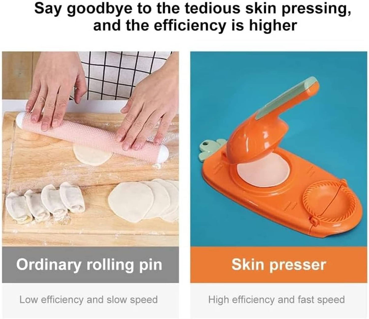 Orange dumpling press mold next to a rolling pin for dough pressing comparison