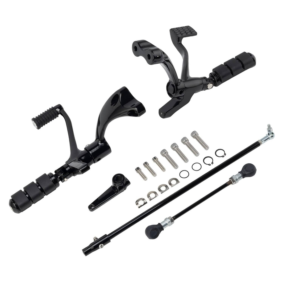 Black forward control pegs and levers kit with hardware, springs, and rods