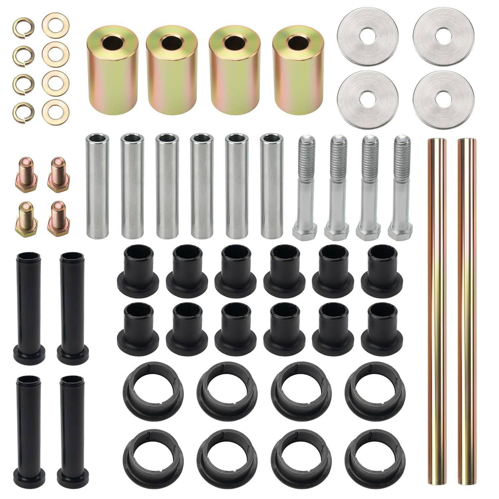 Rear A-arm bushing hardware kit with steel sleeves, black bushings, bolts and washers