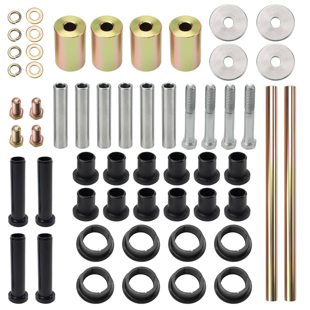 Rear A-arm bushing hardware kit with steel sleeves, black bushings, bolts and washers