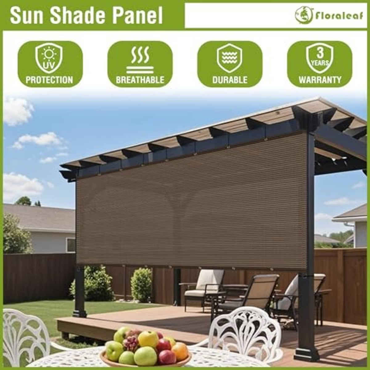 Brown outdoor sun shade panel cover with black frame and fabric roof, installed on pergola