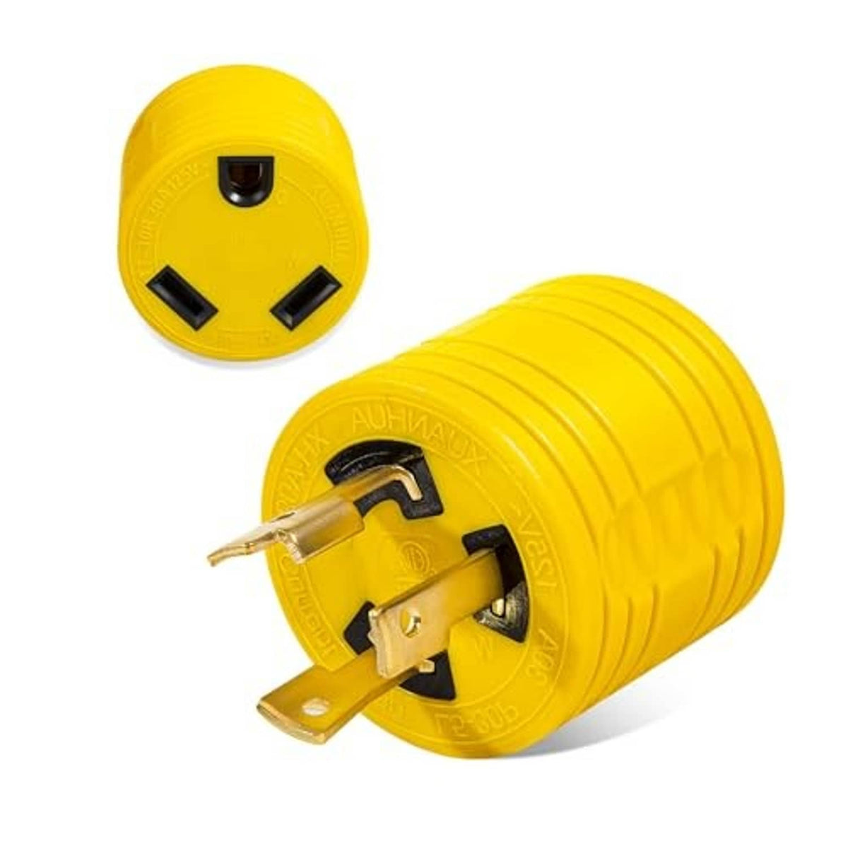 Yellow twist-lock RV adapter plug with three-prong face and ribbed housing