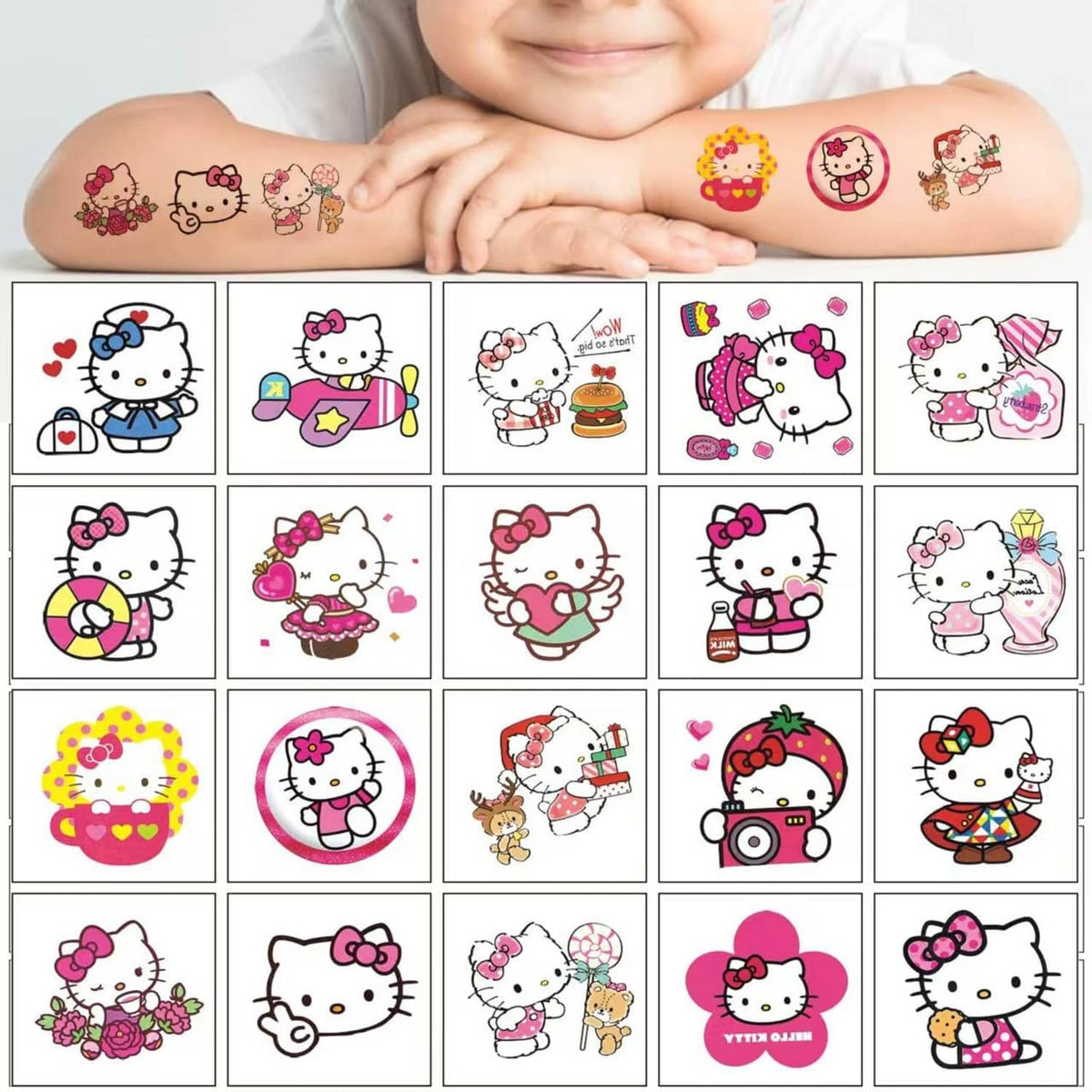 Child forearms with Hello Kitty temporary tattoos, colorful character and food designs.