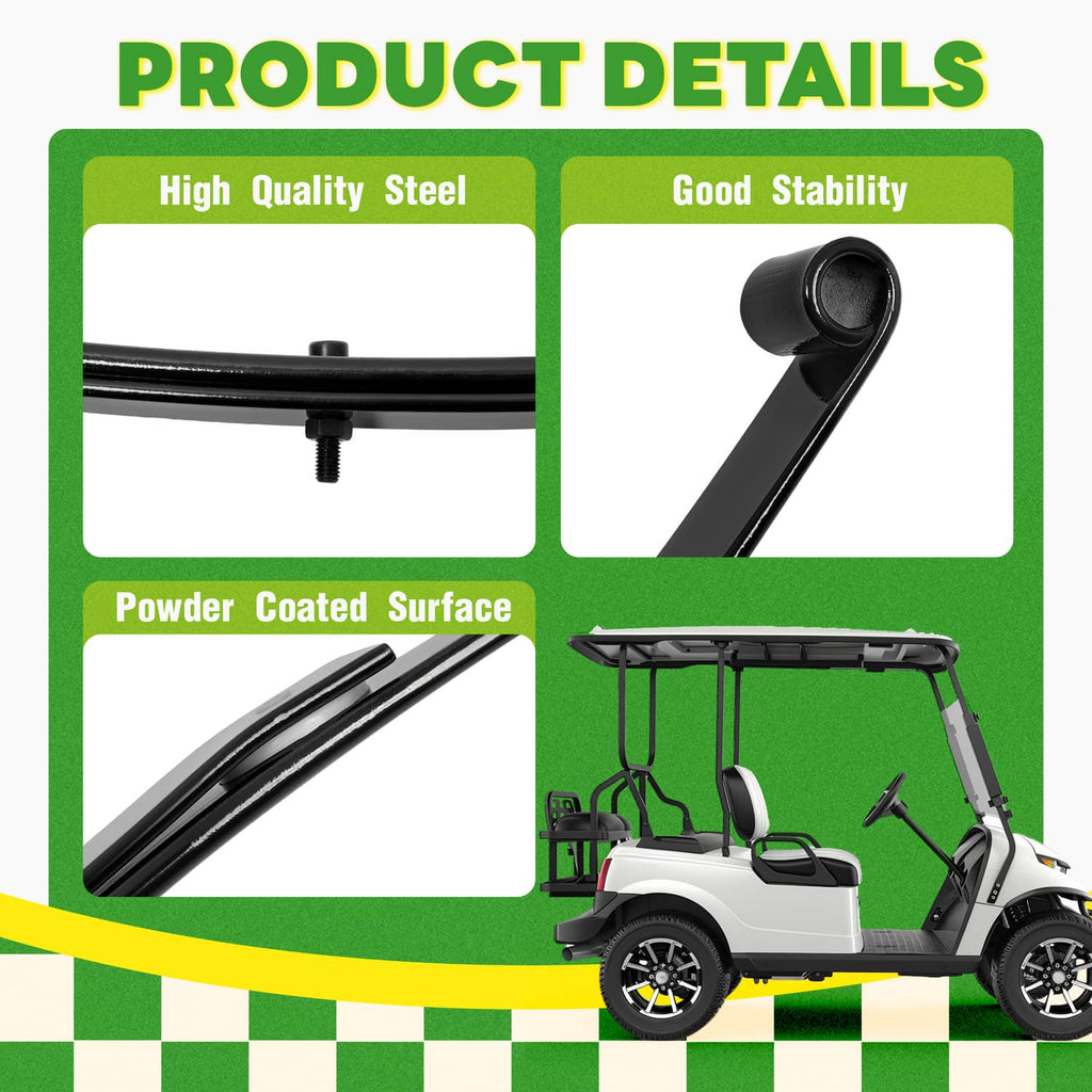 Black steel rear leaf springs with powder-coated finish and mounting bushing details