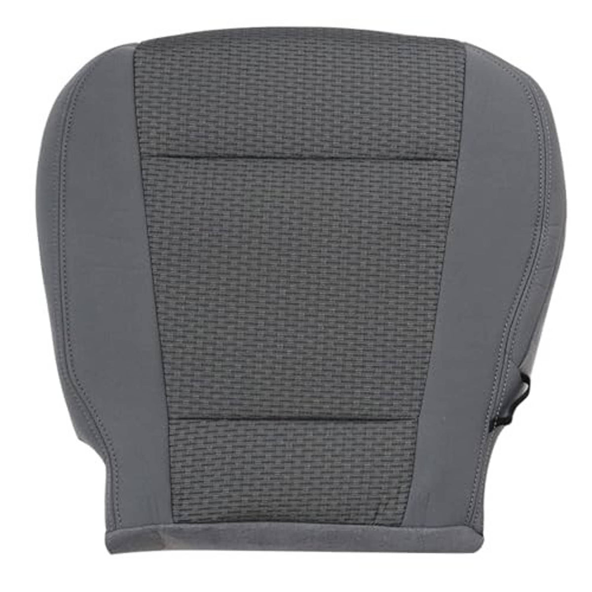 Gray fabric front driver seat bottom cover with stitched edge trim