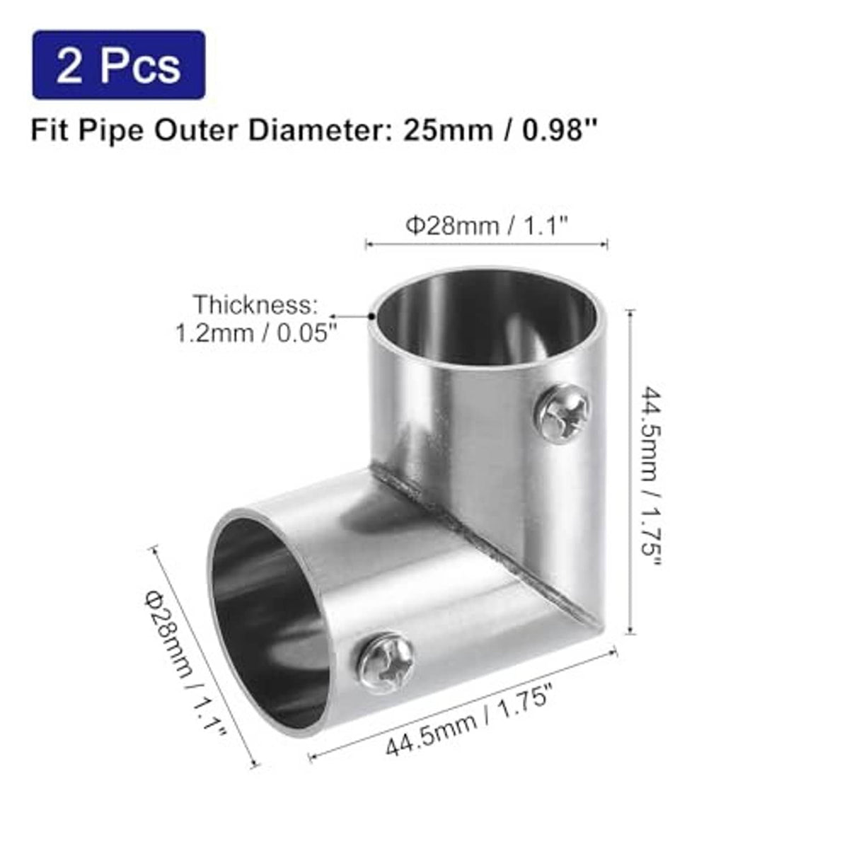Stainless steel 90° elbow pipe connector with mounting screw, for 1 in OD pipe
