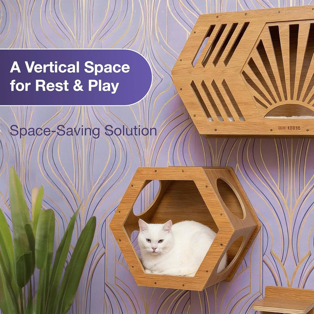 Hexagonal wood cat wall shelf with open slatted front and arched entrance, white cat