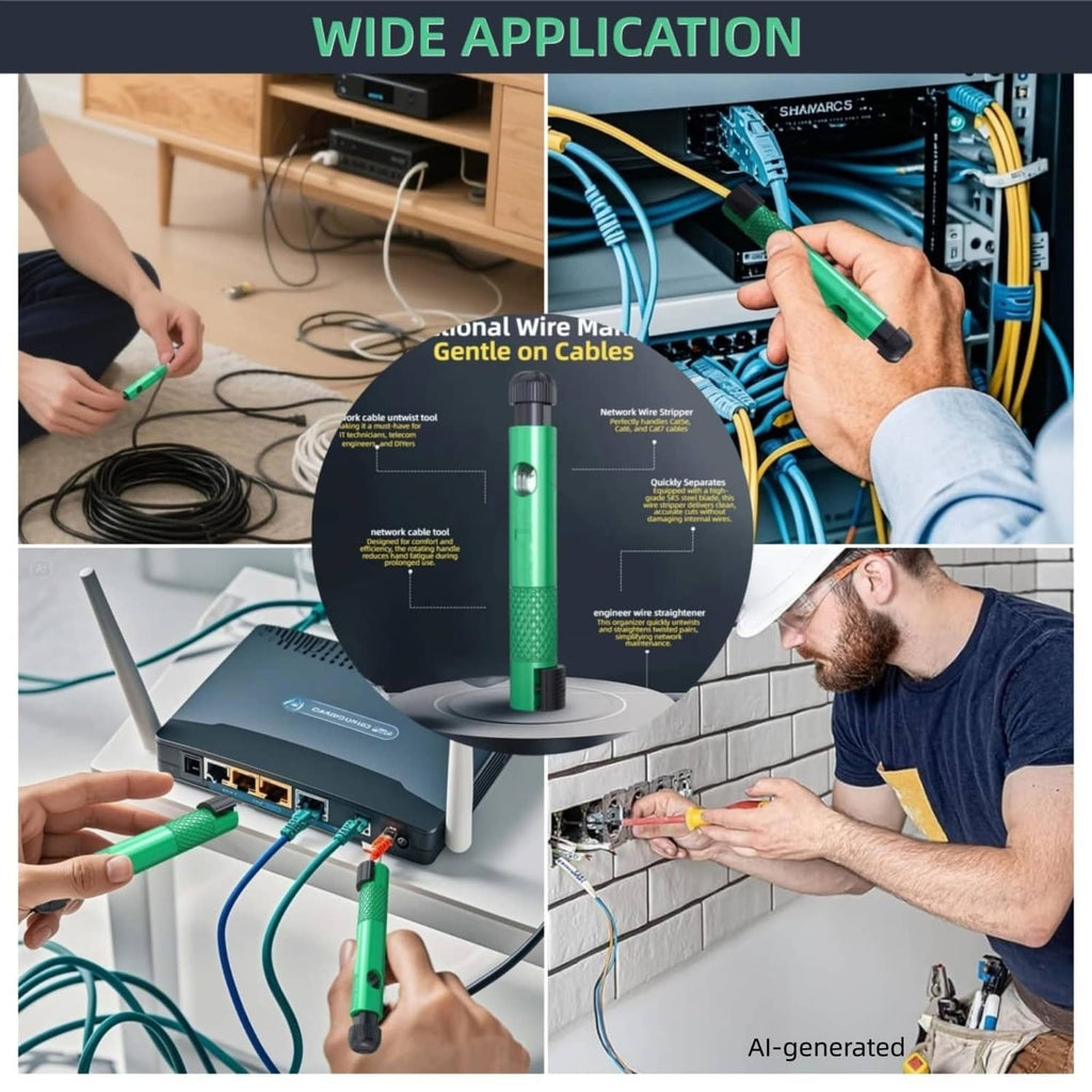 3-in-1 rotary network cable stripper in green working on network cables