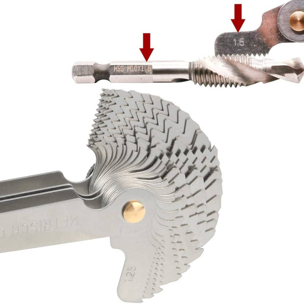 Stainless steel thread pitch gauge tool with hex key handle and screw thread bit