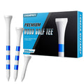 Wood golf tees with blue-and-white striped shafts, three tees beside a product box