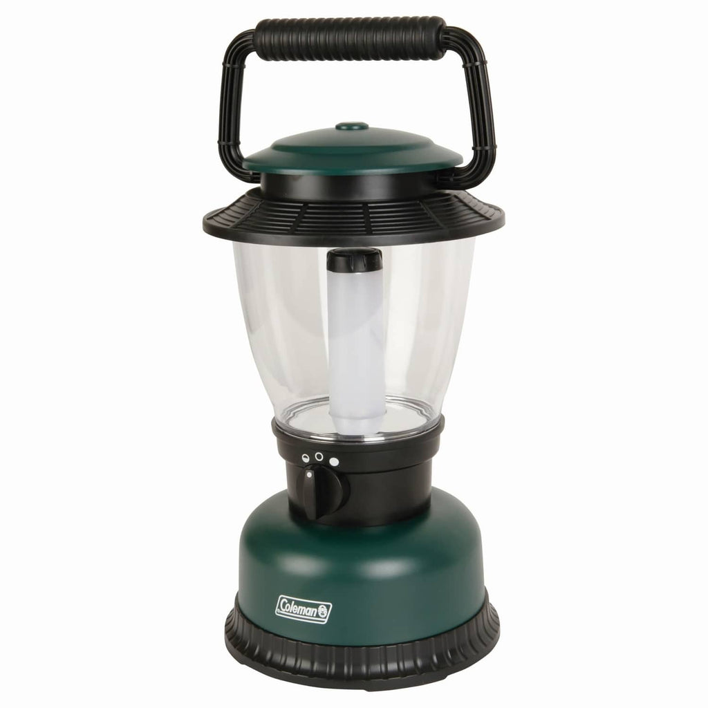 Coleman rugged XL lantern with handle, green base, clear glass chimney