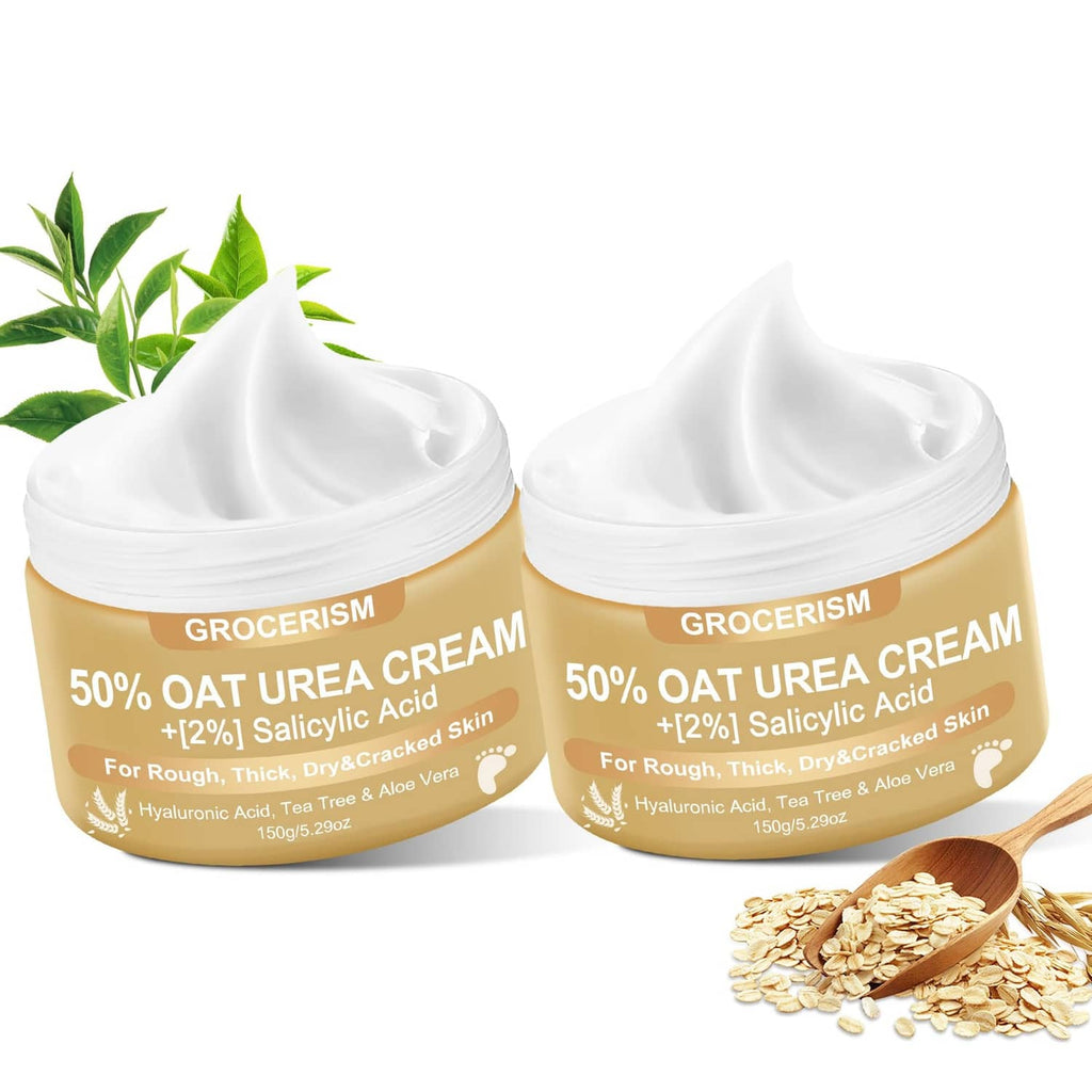 50% oat urea foot cream jars with gold labels and white screw lids